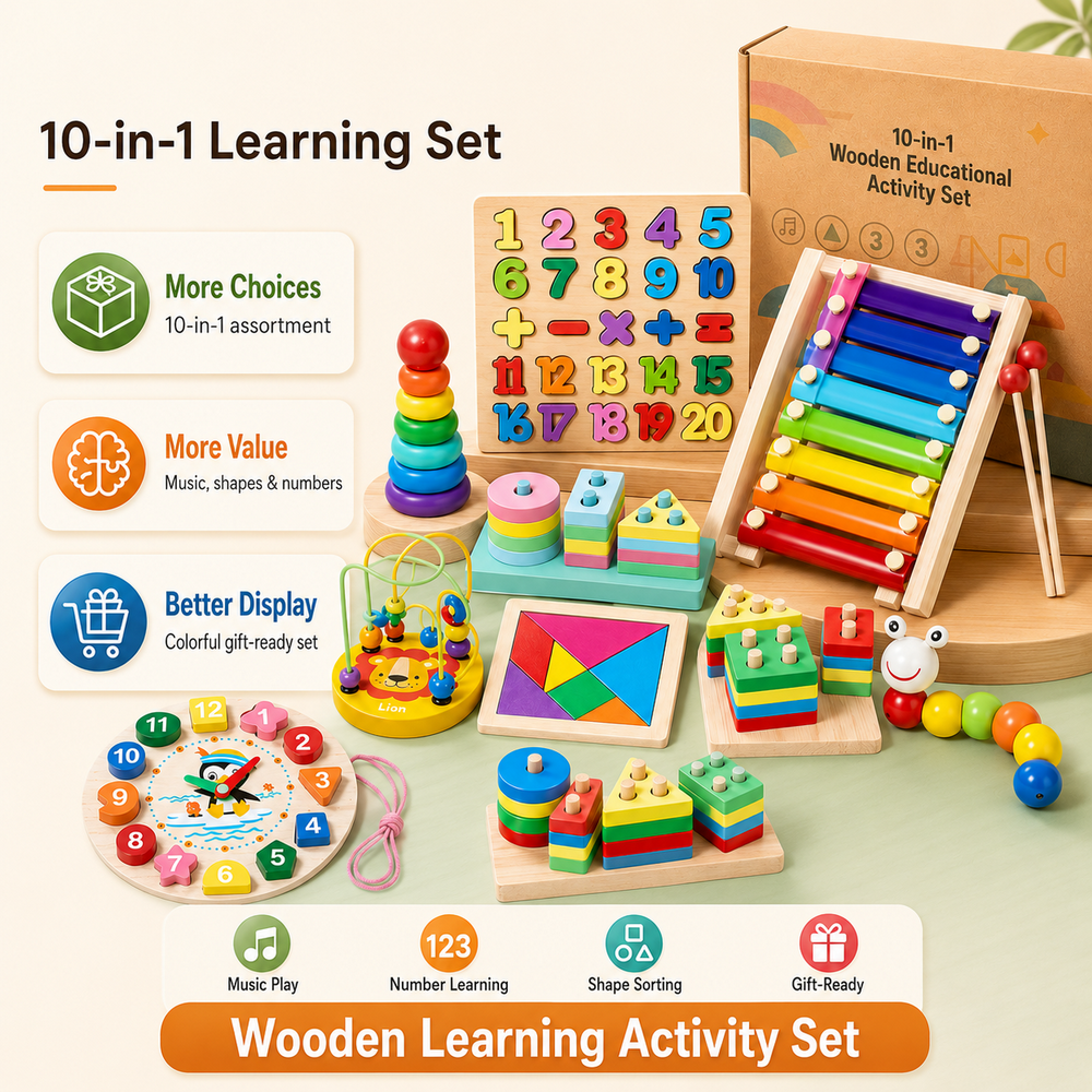 10-in-1 Wooden Learning Activity Set Montessori Educational Toy For Toddlers