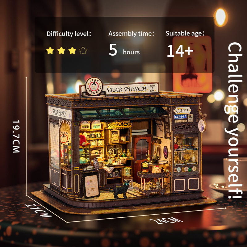 IIECREATE DIY 3D Wooden Puzzle 9.5'' DIY Toy Handmade Miniature House Kit Magic Cafe Shop Model Toy Gift For Adult