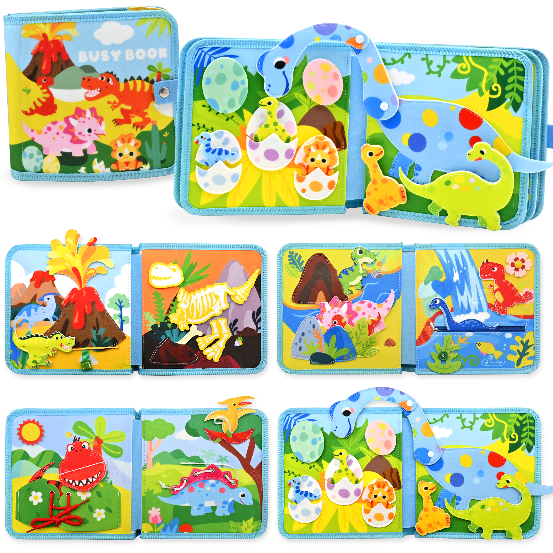 Busy Board for Toddlers 8 in 1 Dinosaur Theme Montessori Toys for Boys Girls Activity Sensory Book Travel Toys Gift for Toddlers
