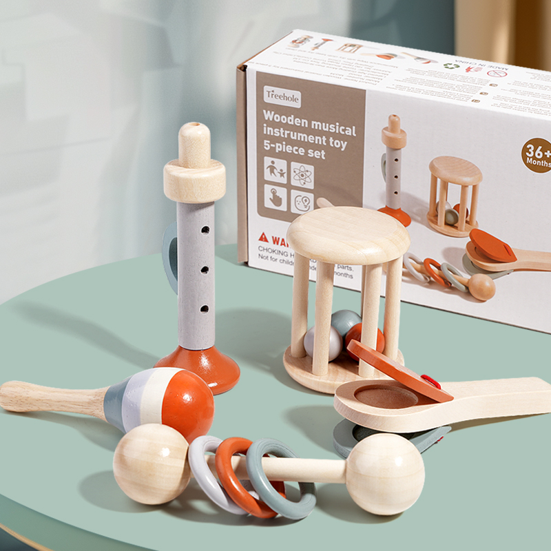 5-Piece Montessori Infant Wooden Baby Musical Instrument Set Game Educational Baby Sensory Rattle Music Toys for Children