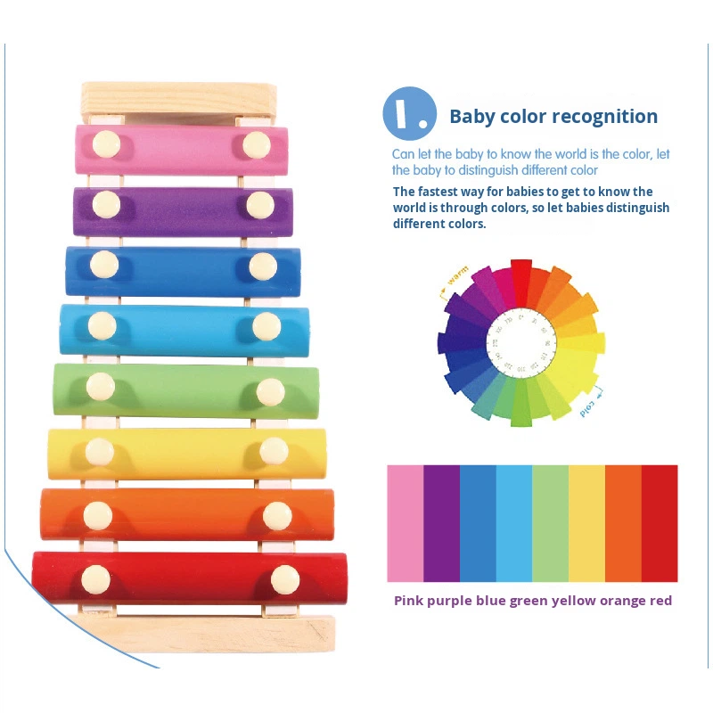 Wooden Eight-Note Xylophone 6-Piece Children's Toy Building Blocks Early Education Percussion Instrument 8 Scales Movie TV Color