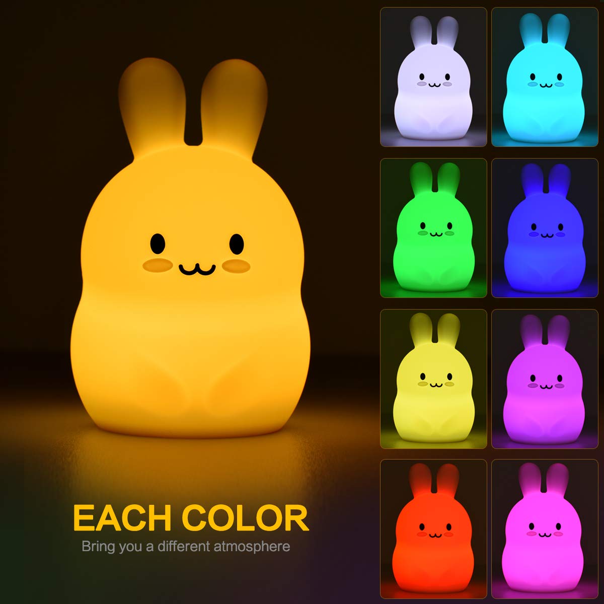 Cute White Silicone Bunny Rabbit Night Light Portable Tap Sensor Kids Room Decor Children Bedroom LED Night Light