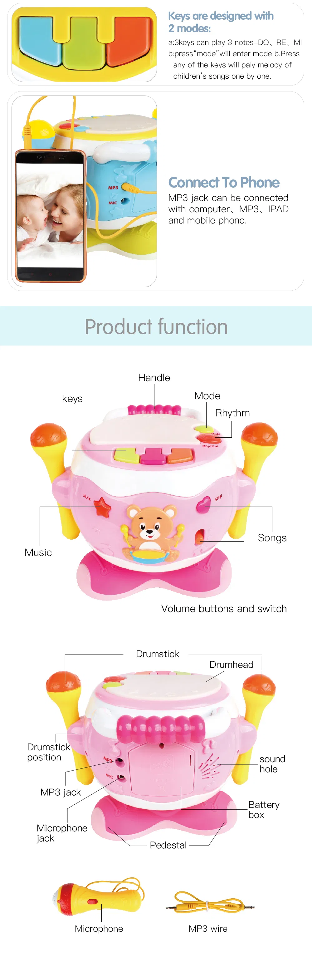 Baoli Interactive Kids Drum Toy with Microphone and Flashing Lights, Musical Learning Toy with MP3 Connection for Toddlers