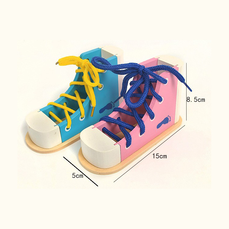 Wholesale Wooden Shoe Lacing Game Toy Montessori Education Teaching Aids Wooden Simulation Shoe Lacing Game for Kids' Gift