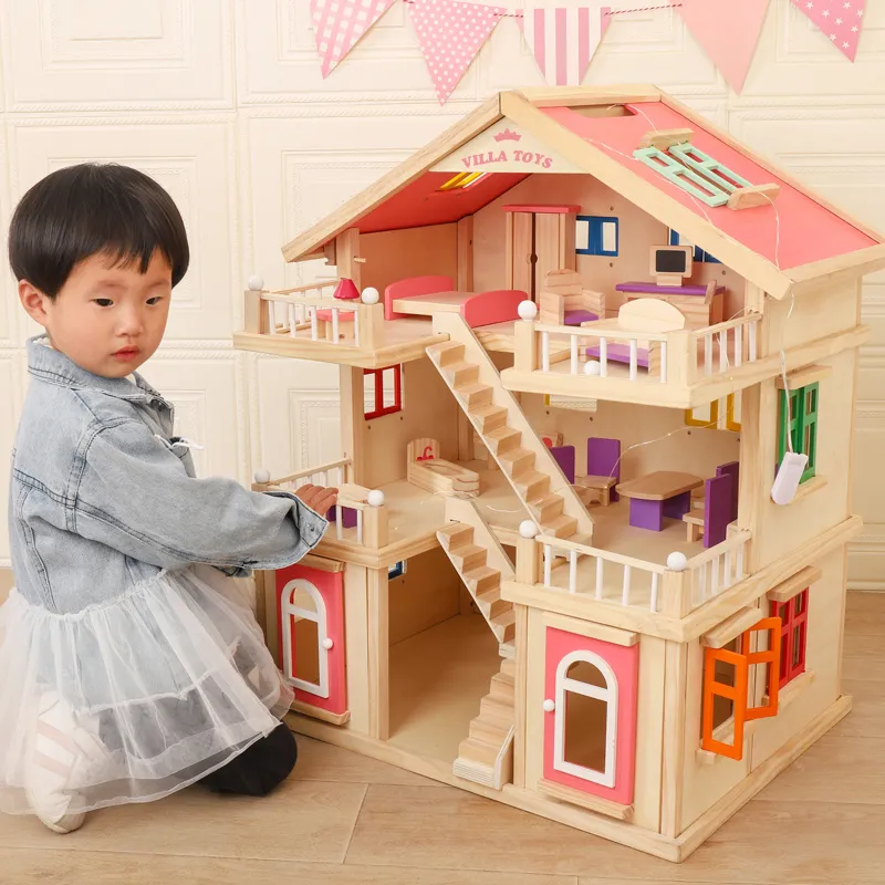 Play Dollhouse Wood Doll House Child House Kids Educational Gift Baby Montessori