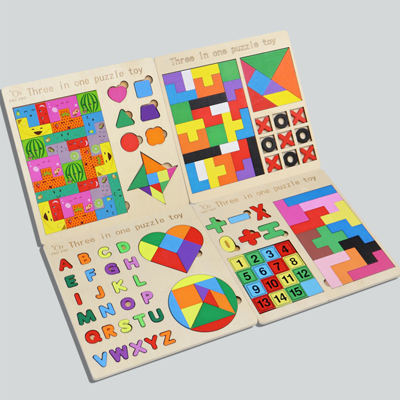 Wooden 3 In 1 Jigsaw Puzzles DIY Building Blocks Cognitive Games Montessori Educational Learning Toys For Kids Boys Girls