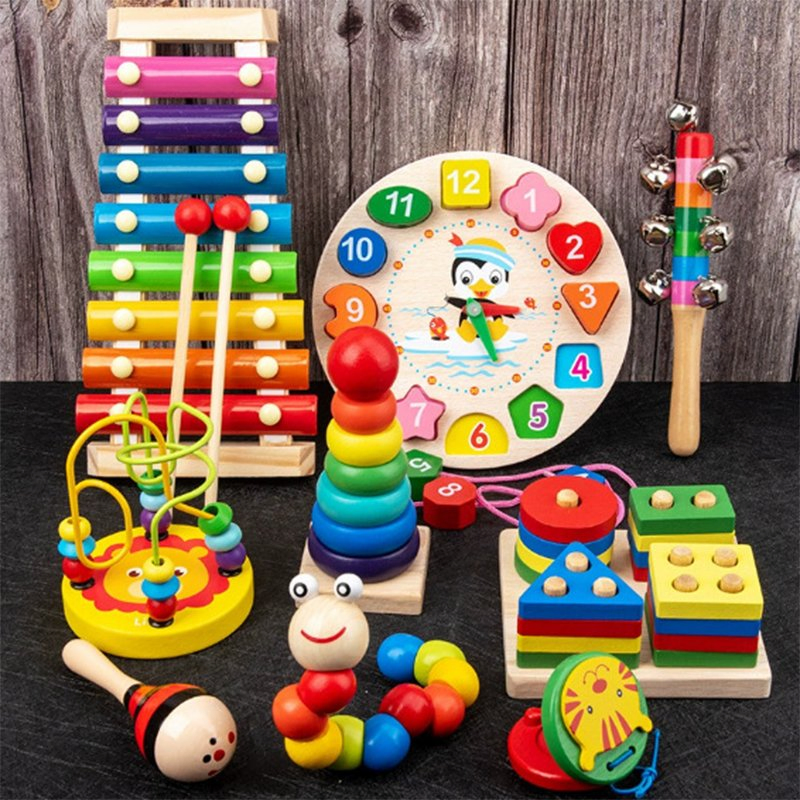 AiJH Wooden Children's Eight-Note Percussion String Clock Rainbow Tower Four-Column Shape Board Twisty Worm Educational Toy