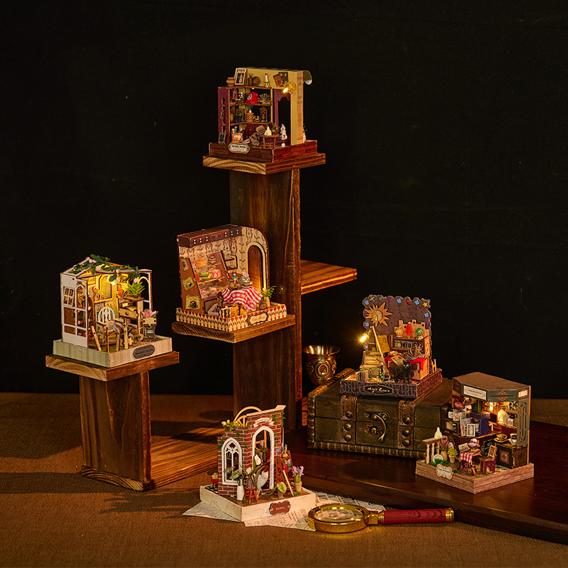 IIECREATE DIY 3D Wooden Puzzle Toy Handmade 3D Puzzle Miniature House Kit Doll House With Mini Wood Toy Set With LED Light