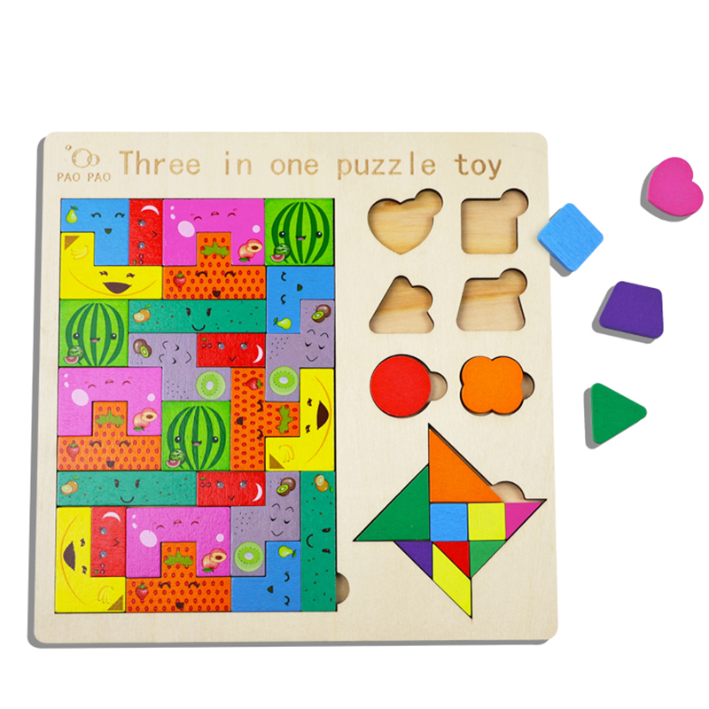 Wooden 3 In 1 Jigsaw Puzzles DIY Building Blocks Cognitive Games Montessori Educational Learning Toys For Kids Boys Girls