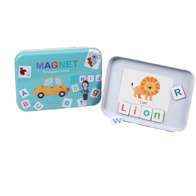 Magnetic Iron Box Word Puzzle Game Children Ages 4-6 Early Learning Alphabet Recognition Matching Spelling Wooden Toy