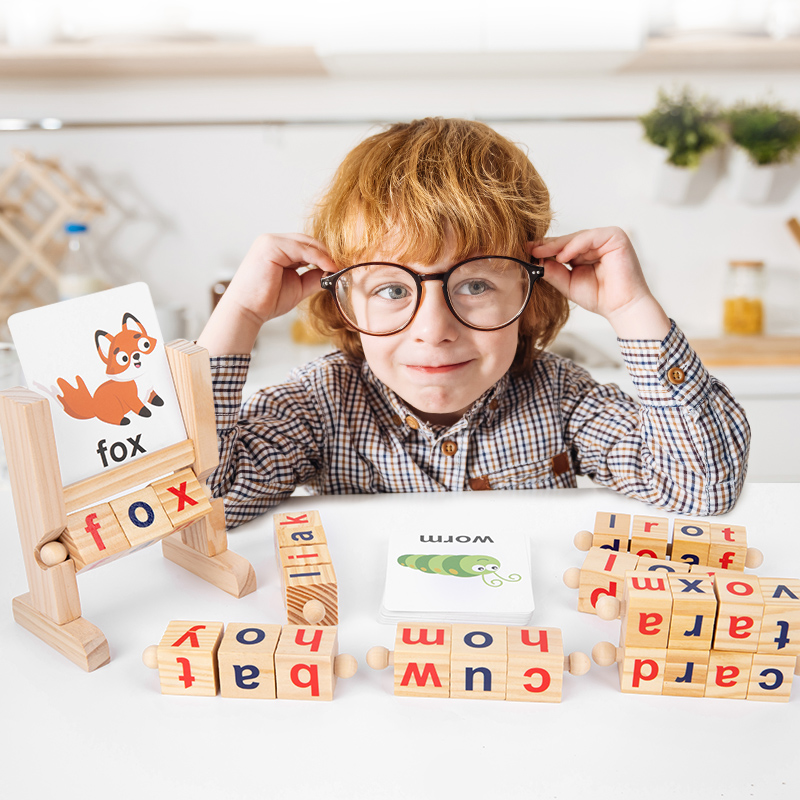 Montessori Educational Toys Colorful Wooden Spinning Alphabet Short Vowel Rods Spelling Words Game for Preschool Boys Girls Ages