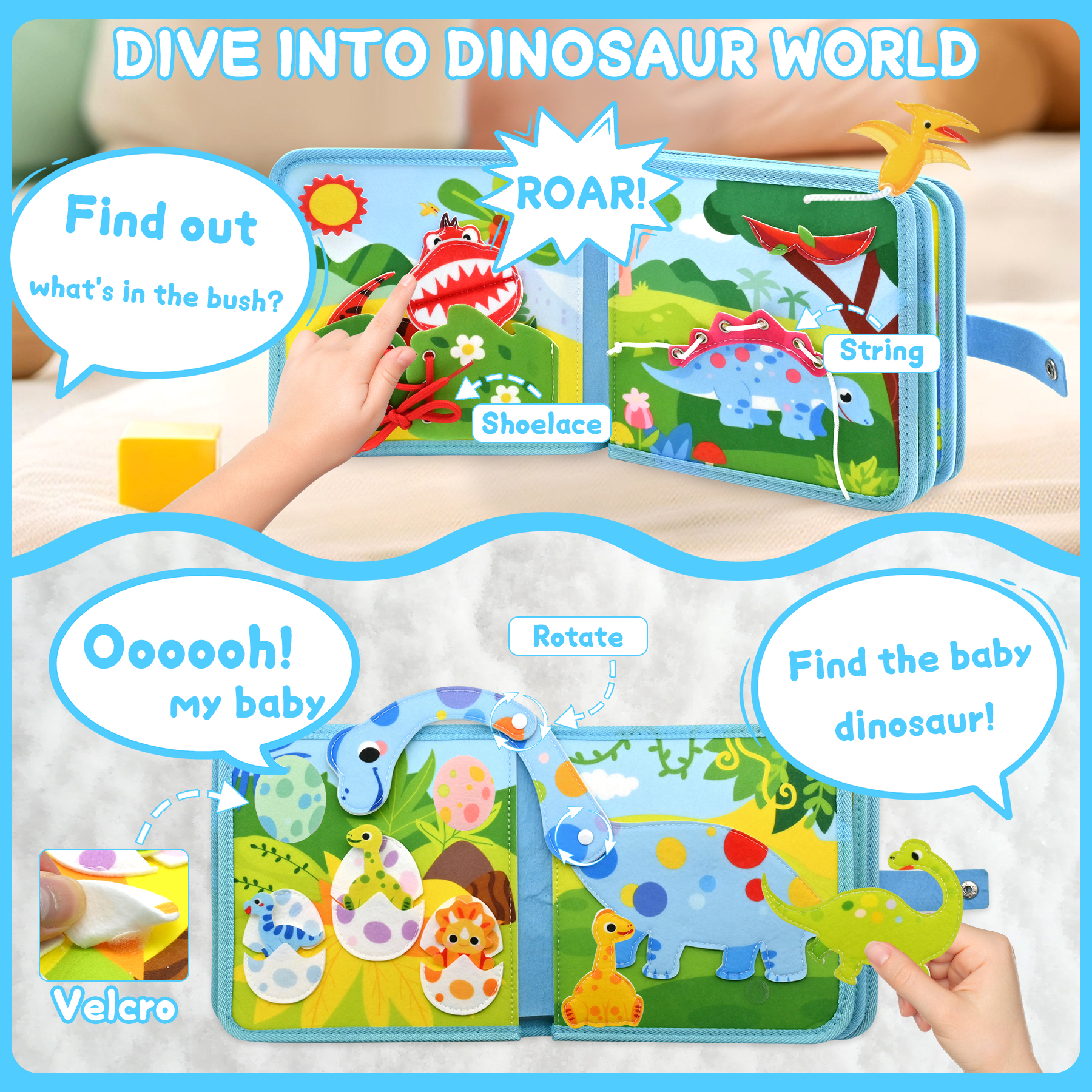 Busy Board for Toddlers 8 in 1 Dinosaur Theme Montessori Toys for Boys Girls Activity Sensory Book Travel Toys Gift for Toddlers