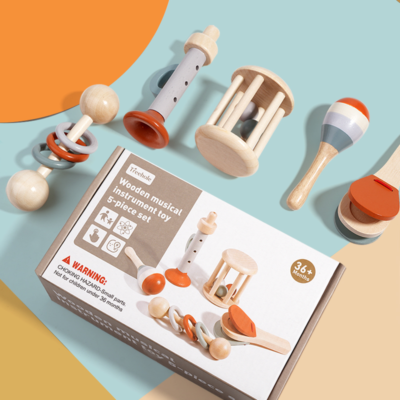 5-Piece Montessori Infant Wooden Baby Musical Instrument Set Game Educational Baby Sensory Rattle Music Toys for Children