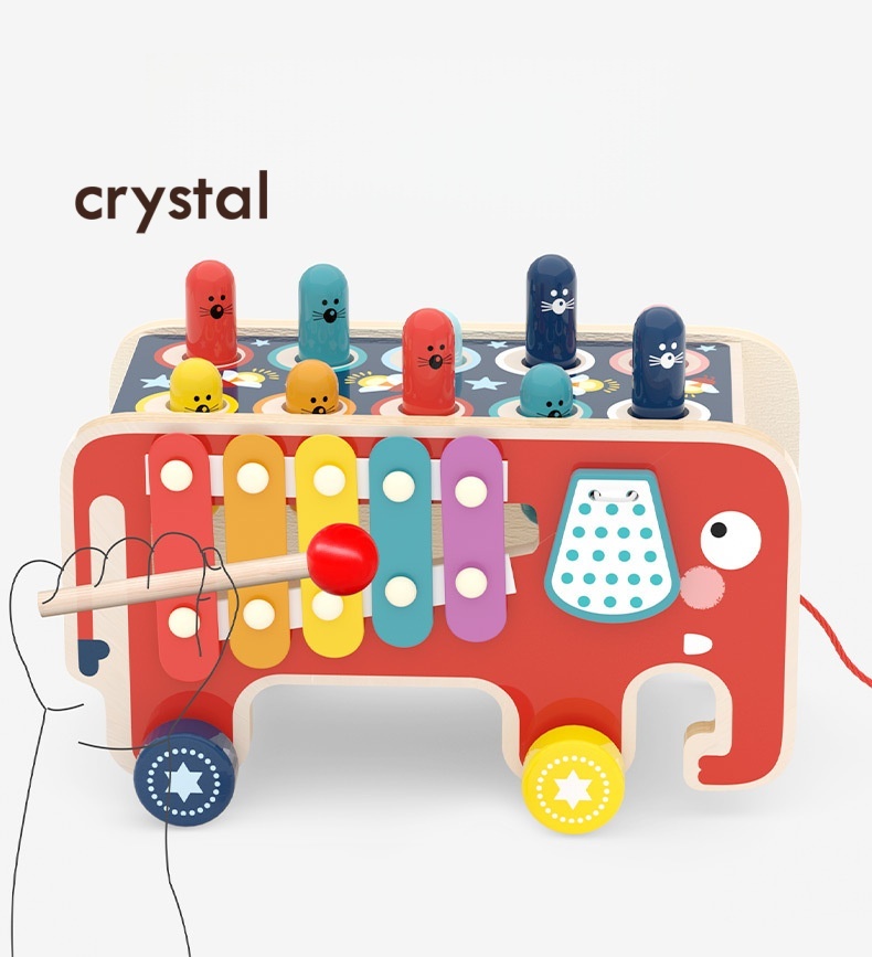 Crystal Wooden Educational Toys for Early Childhood-Elephants Drag Beat Gophers Knocking Matching Game Ages 3+ Unisex