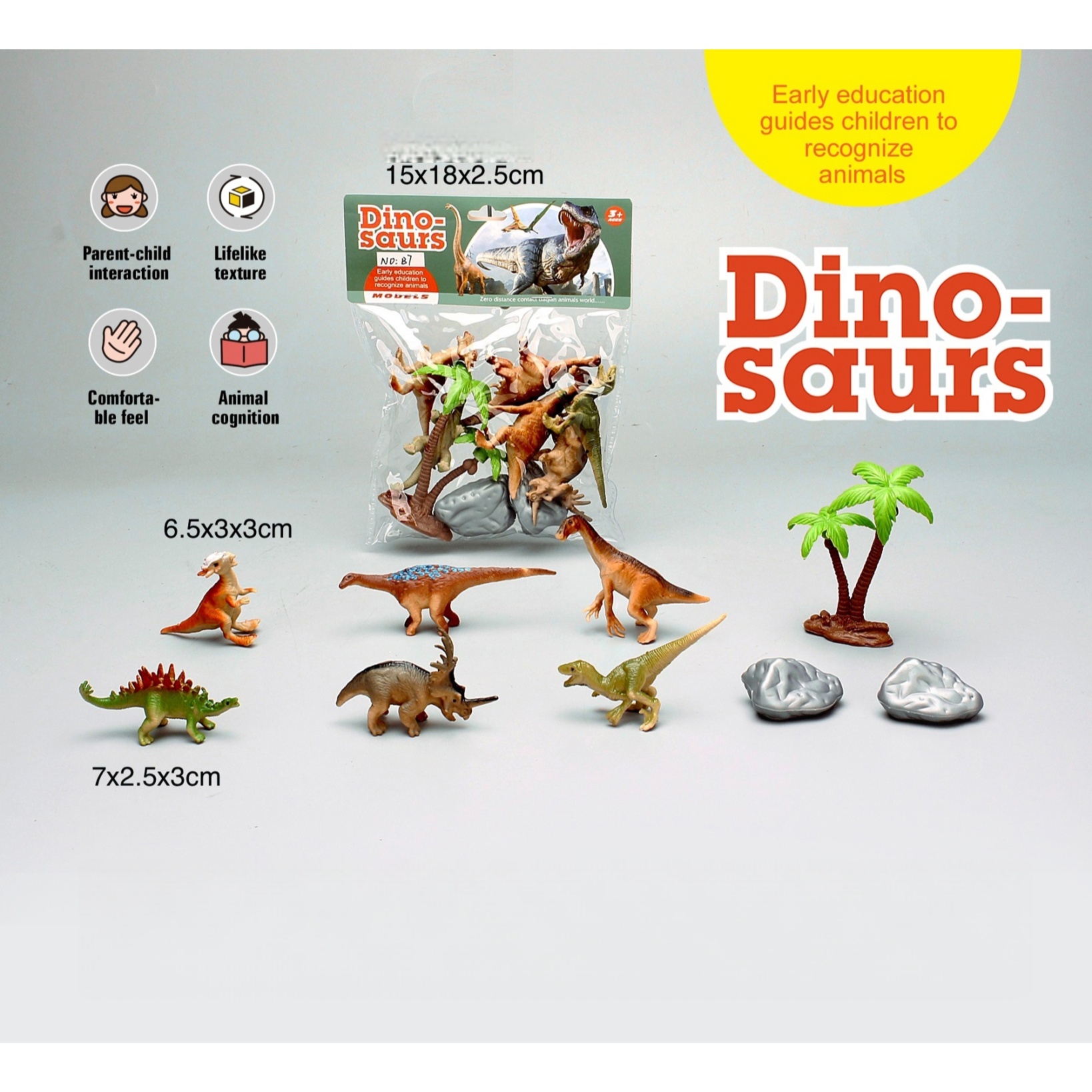 Kids Early Education Dinosaur Toy Set Lifelike Plastic PVC Figures with Tree &amp; Rock for Animal Cognition &amp; Role Play Ages 4-12