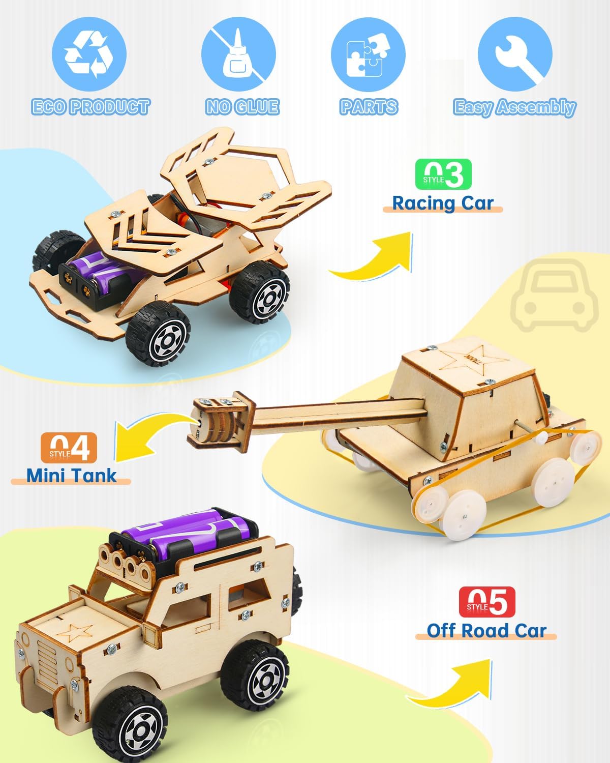 5 Set Wooden 3D Puzzles Model Car Kits Science Engineering Toys Science Kits Stem Kits for Kids