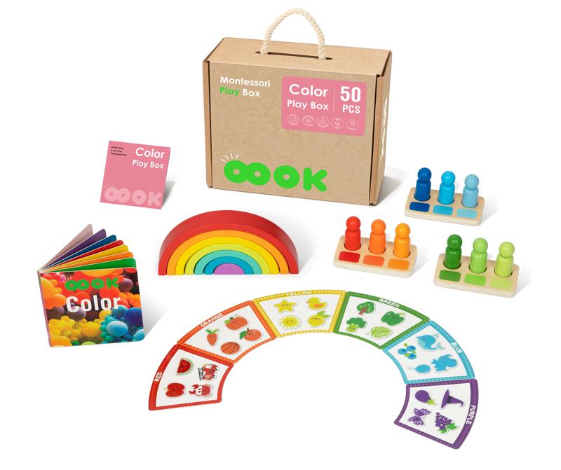 Montessori Color Play Set Wooden Stacking Toy Rainbow Color Recognition Book Educational Box For Kids