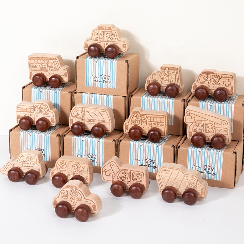 Montessori Wooden Toy Car, Wooden Vehicles For Toddlers 1-3, Fine Motor Skills Educational Toy, Mini Wooden Trucks Play Vehicles