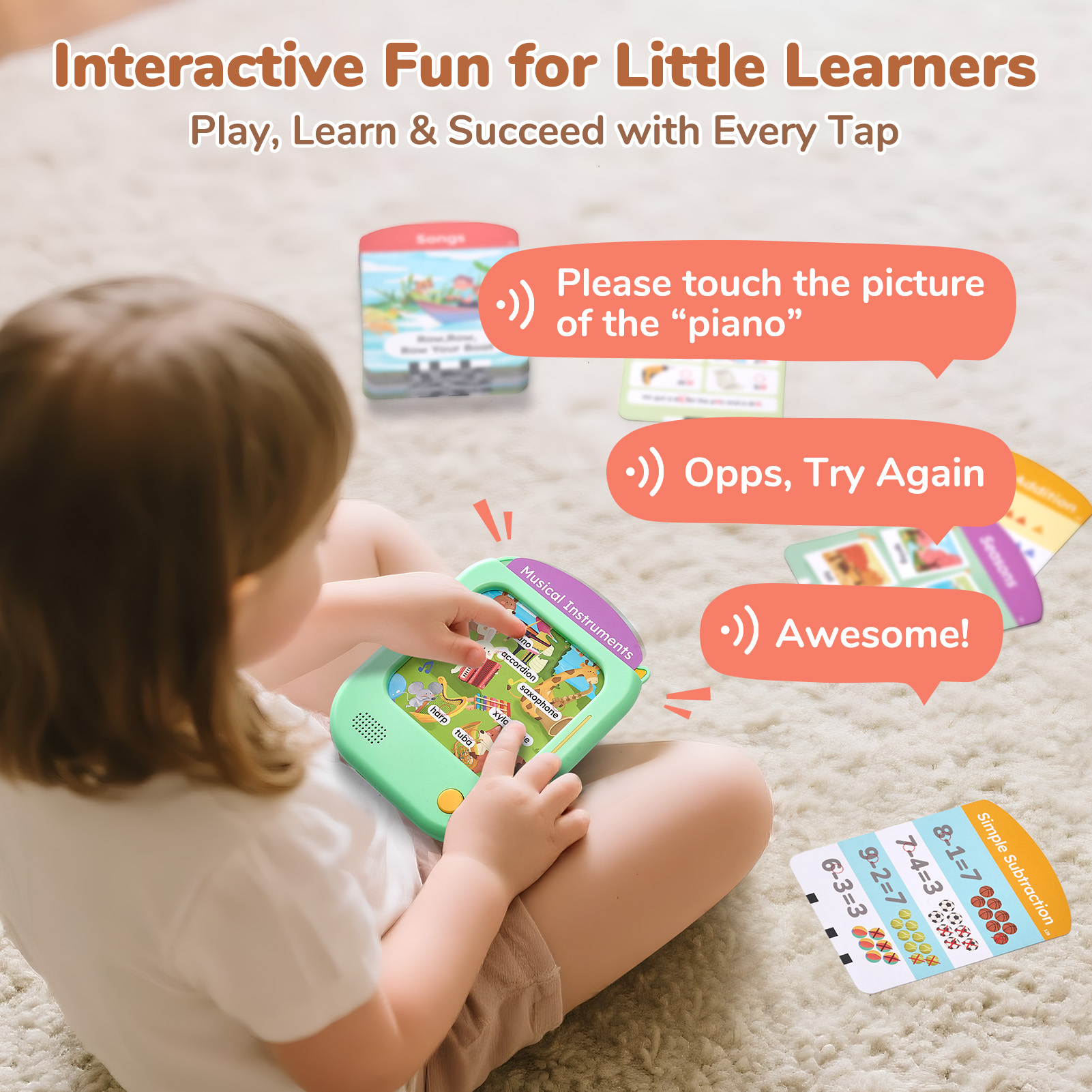Joycat Interactive Educational Learning Tablet Toy for Kids Screen Free Phonics Learning Toy with 80 Flash Cards