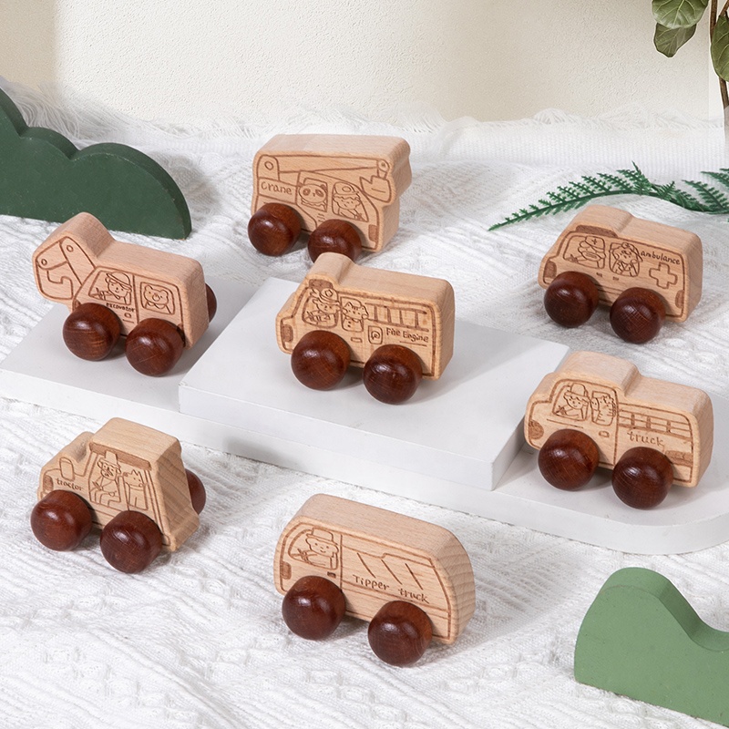 Montessori Wooden Toy Car, Wooden Vehicles For Toddlers 1-3, Fine Motor Skills Educational Toy, Mini Wooden Trucks Play Vehicles