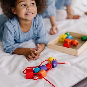Sensory Toys 30 Wooden Beads and 2 Laces for Toddlers Fine Motor Skills Lacing Toys 6 Months Baby ~Ages 3+ Wooden Beads