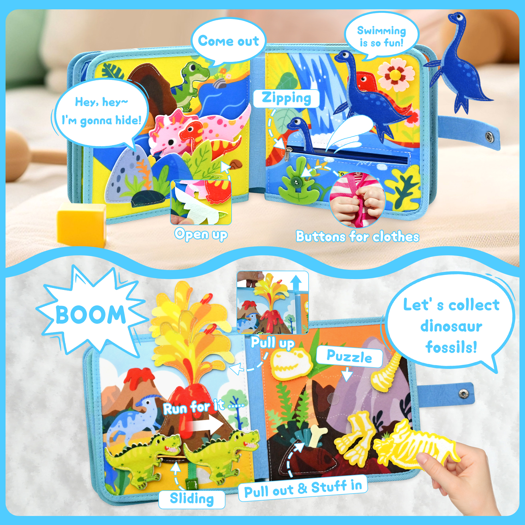 Busy Board for Toddlers 8 in 1 Dinosaur Theme Montessori Toys for Boys Girls Activity Sensory Book Travel Toys Gift for Toddlers