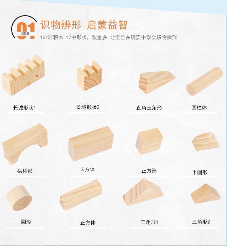 Children's Educational Construction Toy 162-Piece Natural Wood Color Building Blocks City Theme Shape Recognition 0-24 Months