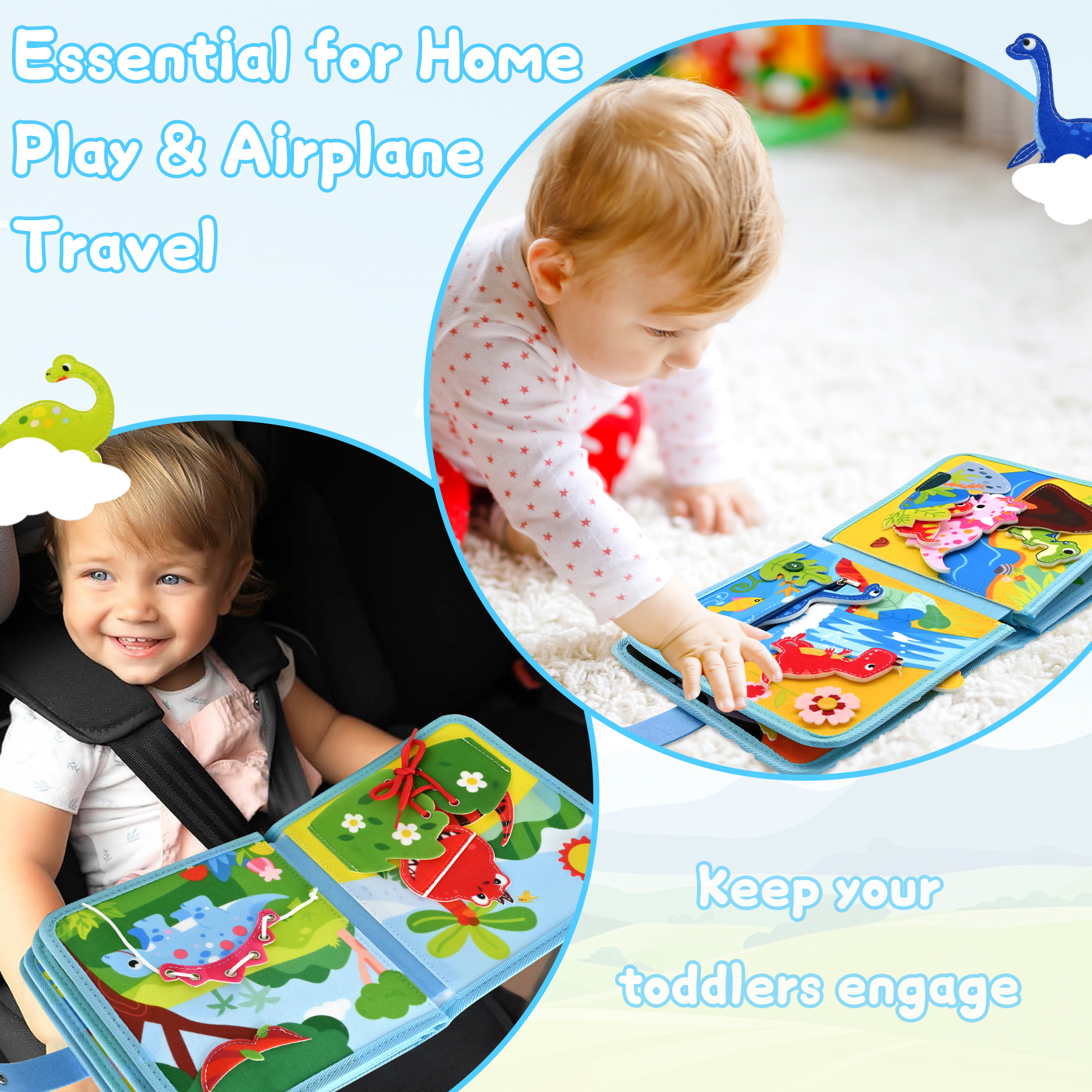 Busy Board for Toddlers 8 in 1 Dinosaur Theme Montessori Toys for Boys Girls Activity Sensory Book Travel Toys Gift for Toddlers
