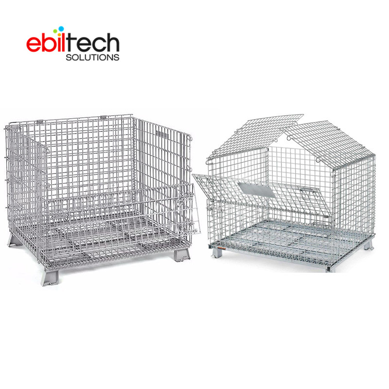 Steel High Capacity Galvanized Finish Stackable Foldable Wire Mesh Box Wire Cage Metal Bin Storage Container EBILTECH Brand