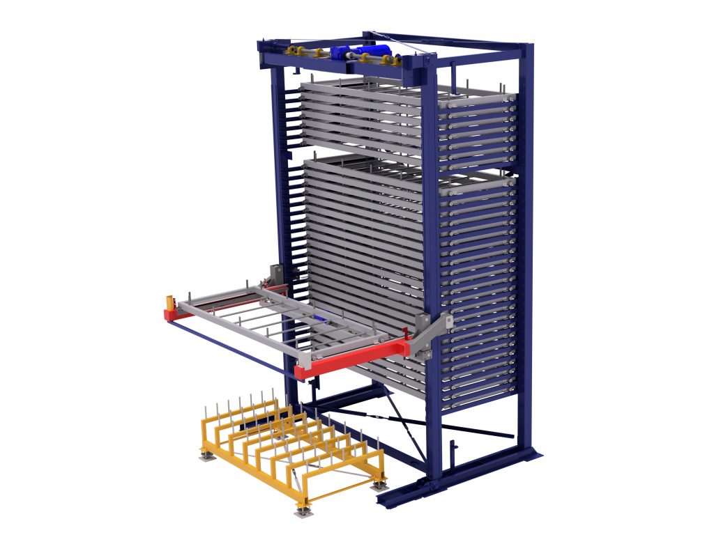Where Goods Are Stored in One Column Single Tower for Sheet Metal Storage With Lift Delivers Shelves Directly to the Operator