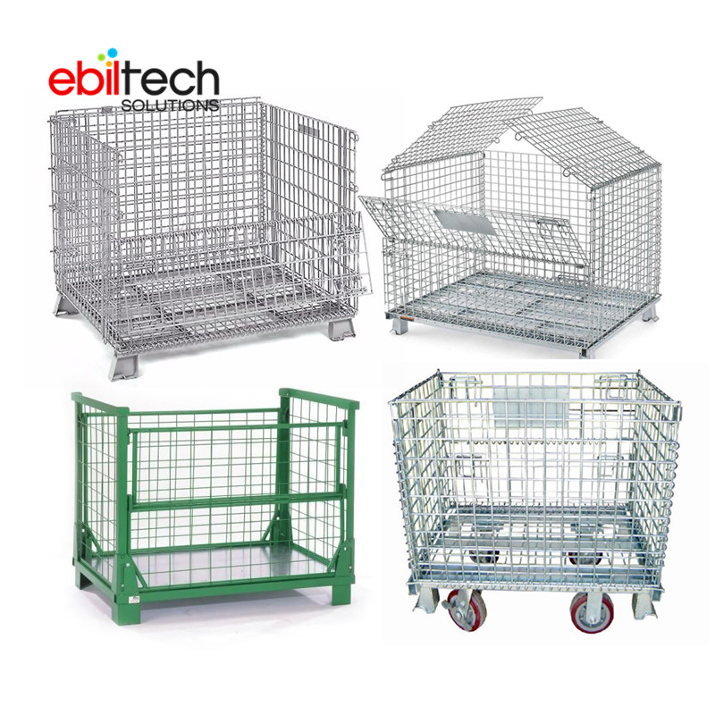 Steel High Capacity Galvanized Finish Stackable Foldable Wire Mesh Box Wire Cage Metal Bin Storage Container EBILTECH Brand