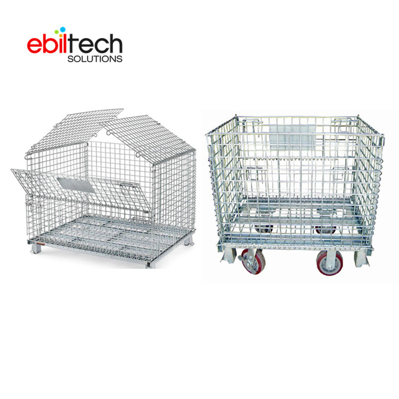 Steel High Capacity Galvanized Finish Stackable Foldable Wire Mesh Box Wire Cage Metal Bin Storage Container EBILTECH Brand