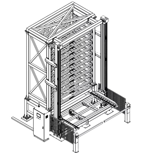 Where Goods Are Stored in One Column Single Tower for Sheet Metal Storage With Lift Delivers Shelves Directly to the Operator