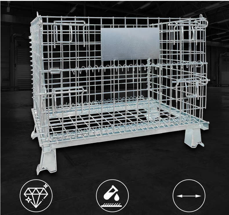 EBILMETAL Heavy Duty Industrial Metal Cage Foldable Steel Mesh Box Pallet Collapsible Metal Cage Pallets