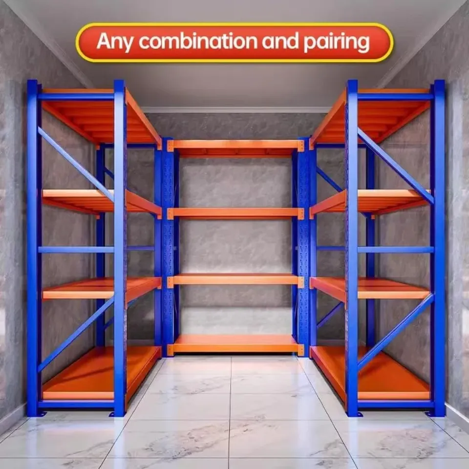 4-Level Blue Orange Steel Industrial Warehouse Storage Shelves Adjustable Height Pallet Support Bar Powder Coated Finish Large