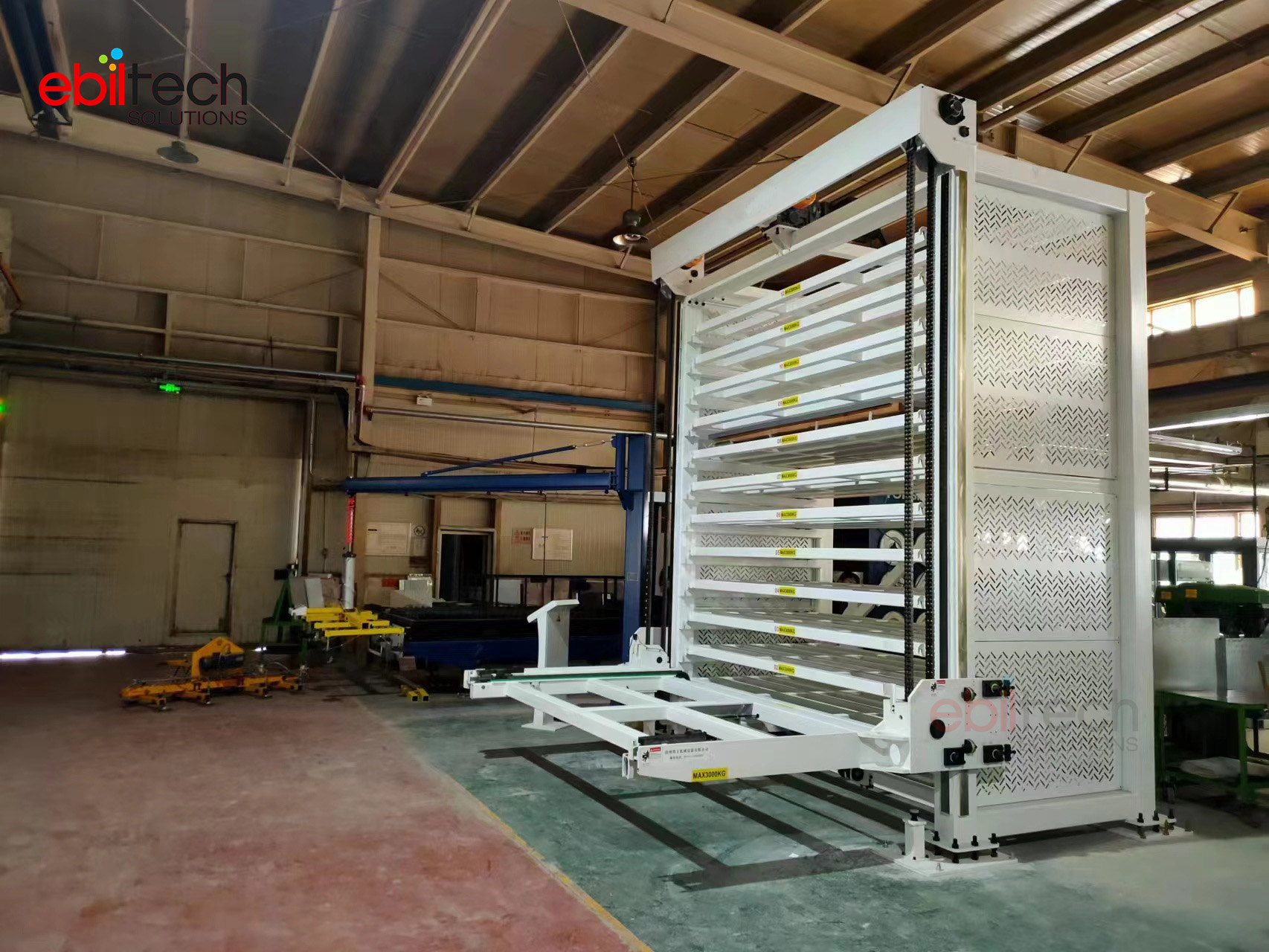 Where Goods Are Stored in One Column Single Tower for Sheet Metal Storage With Lift Delivers Shelves Directly to the Operator