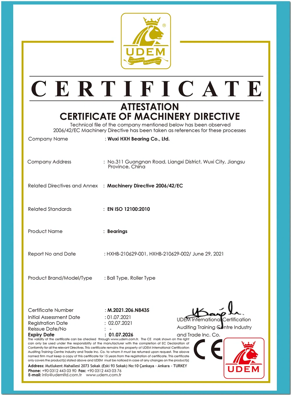 CE Certificate Bearing