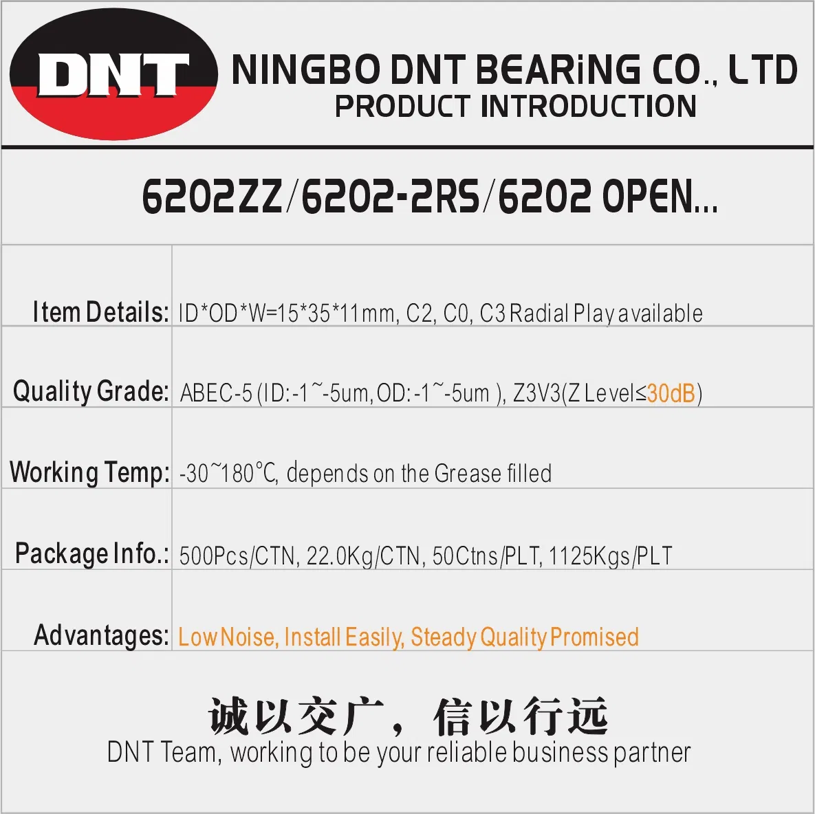 DNT 6202zz 6202-2RS 6202 Fan Bearing Water Pump Bearing Z2V2 Z3V3 Z4V4 Deep Groove Ball Bearings for Motorcycle Parts Auto Parts Agricultural Machinery Parts