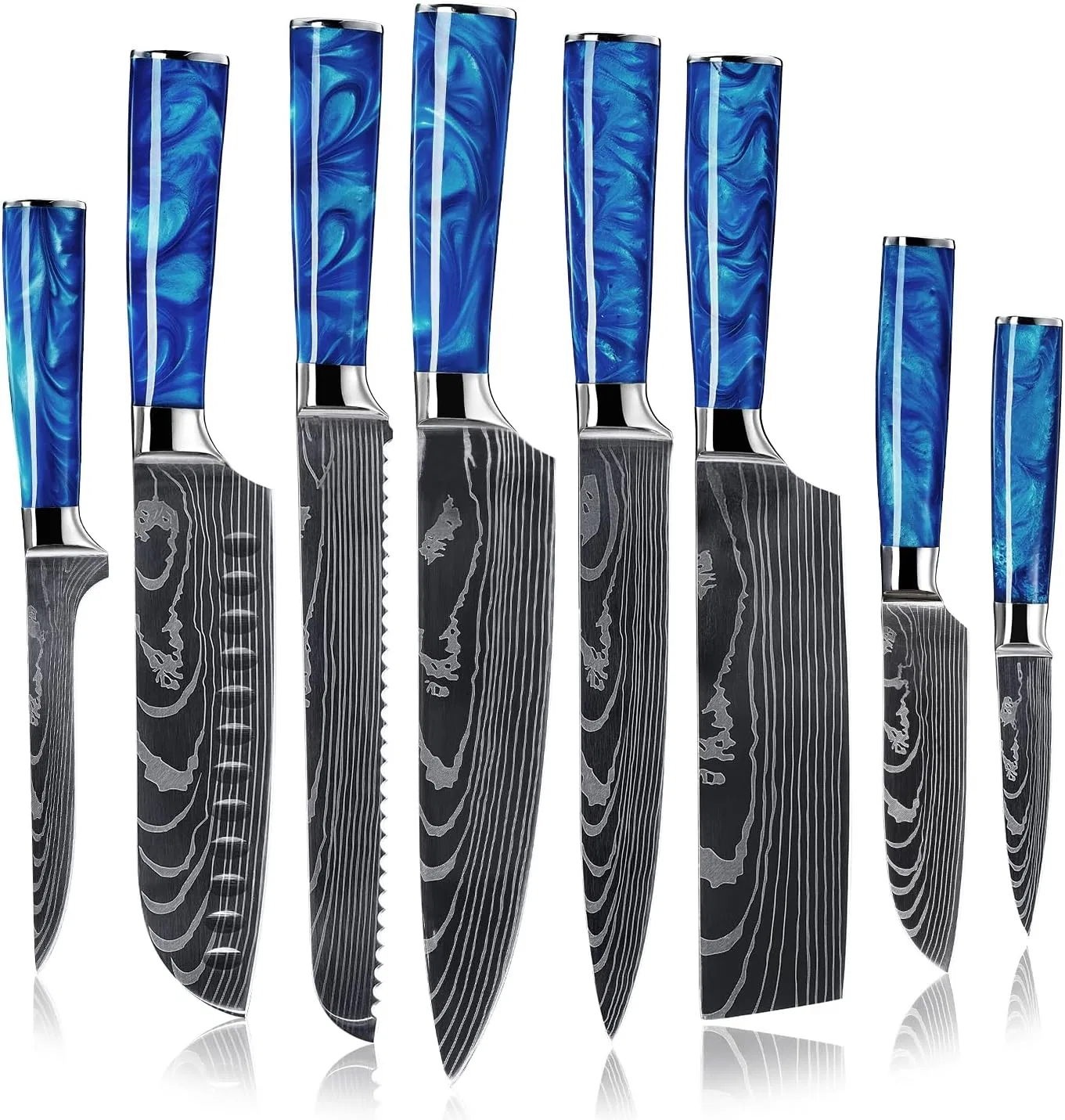 8-Piece Japanese Knife Set - Blue Resin Handle, Laser Damascus Blades - Chef's, Santoku, Bread &amp; Paring Knives