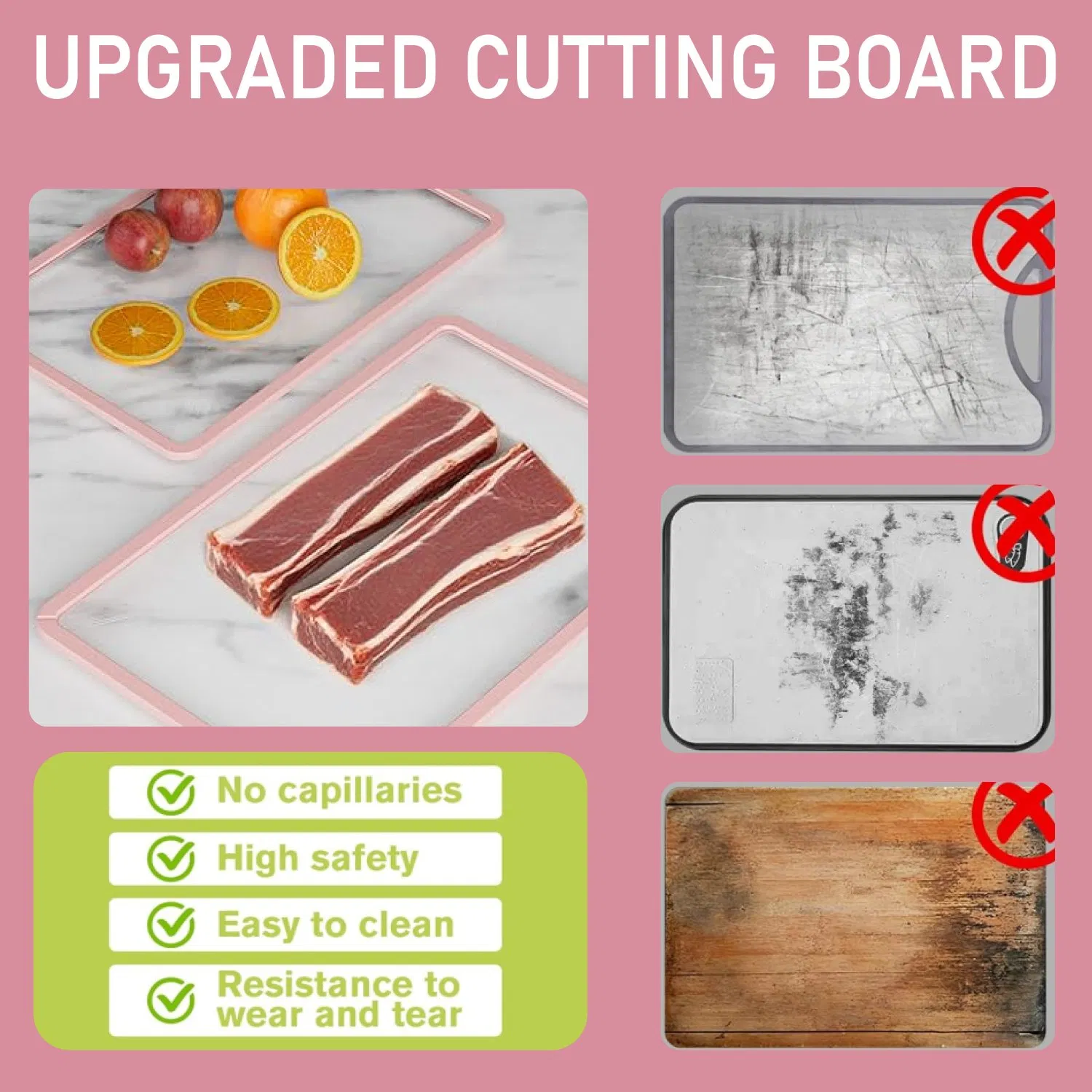 Tempered Glass Cutting Board with Non-Slip Silicone Edge, Antibacterial Easy Clean Kitchen Chopping Board Pink
