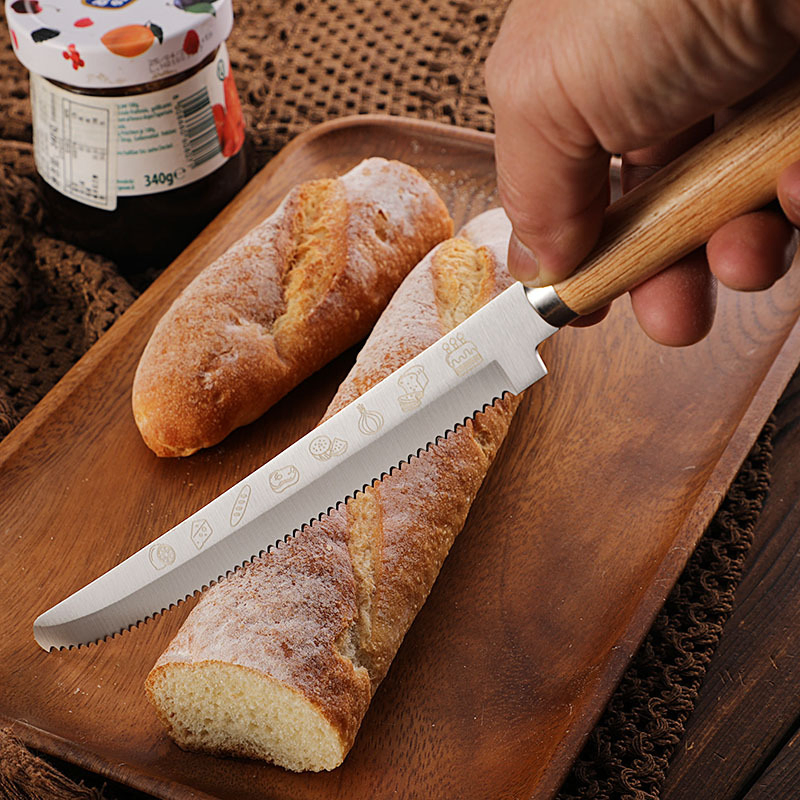 Stainless Steel Bread Knife with Rubber Wood Handle for Baking Kitchen