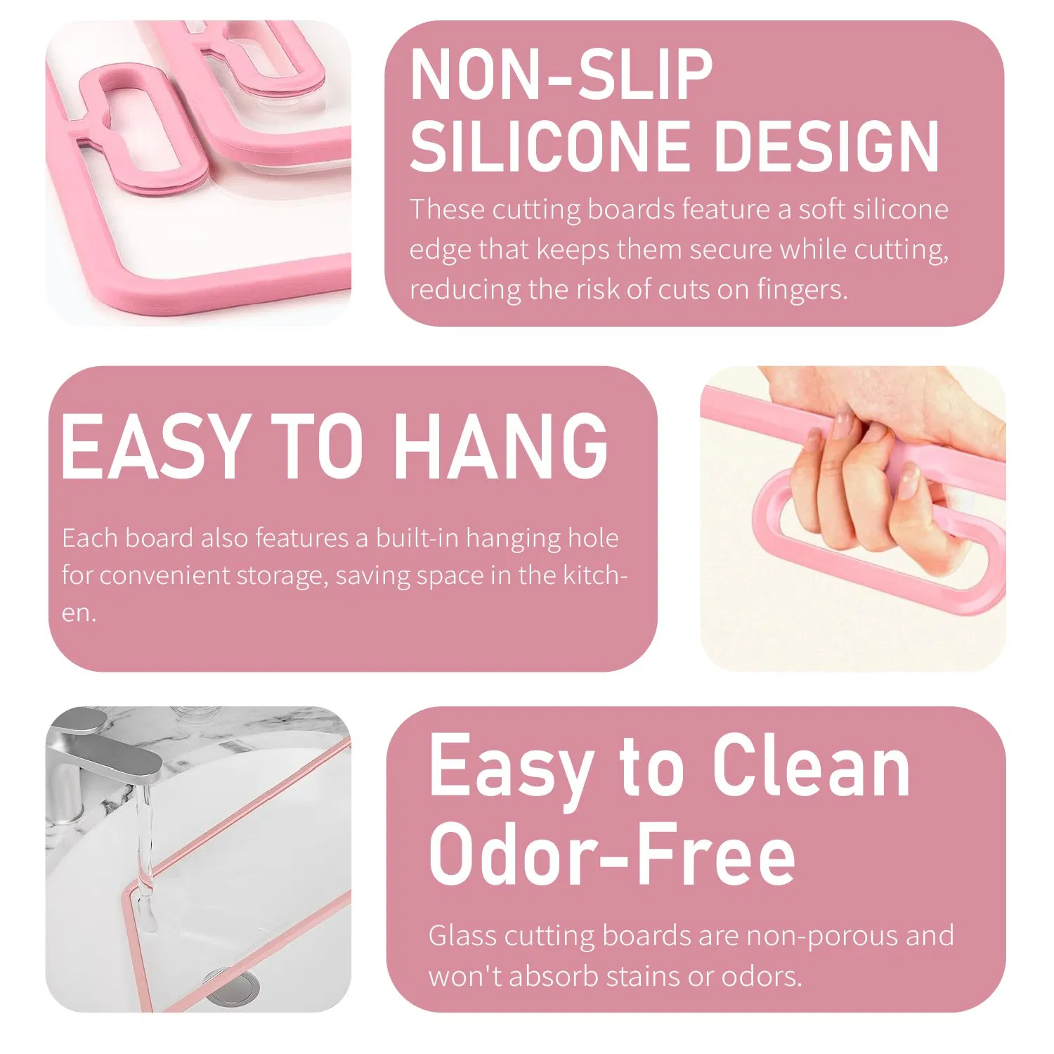 Tempered Glass Cutting Board with Non-Slip Silicone Edge, Antibacterial Easy Clean Kitchen Chopping Board Pink
