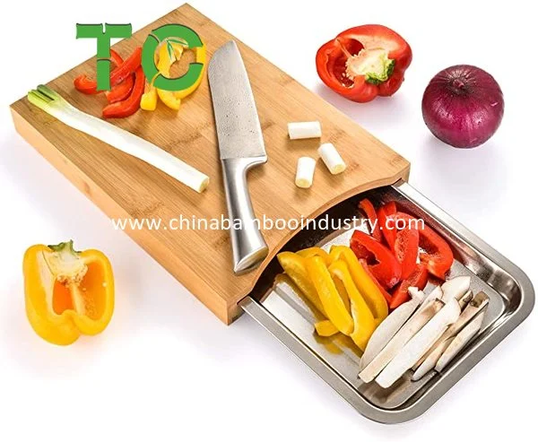 Factory Price Bamboo Cutting Board with Containers Sliding Stainless Steel Tray Chopping Board with Storage Wood Butcher Block Veggie/Cheese Tray