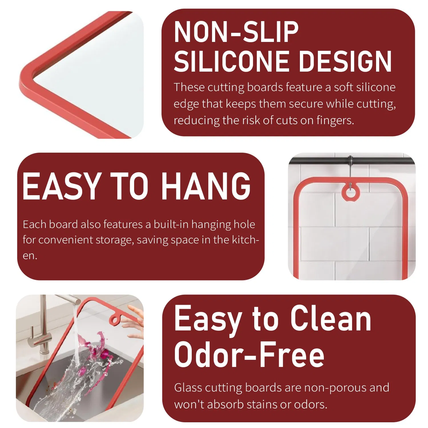 Tempered Glass Cutting Board with Non-Slip Silicone Edge, Antibacterial Easy Clean Kitchen Chopping Board