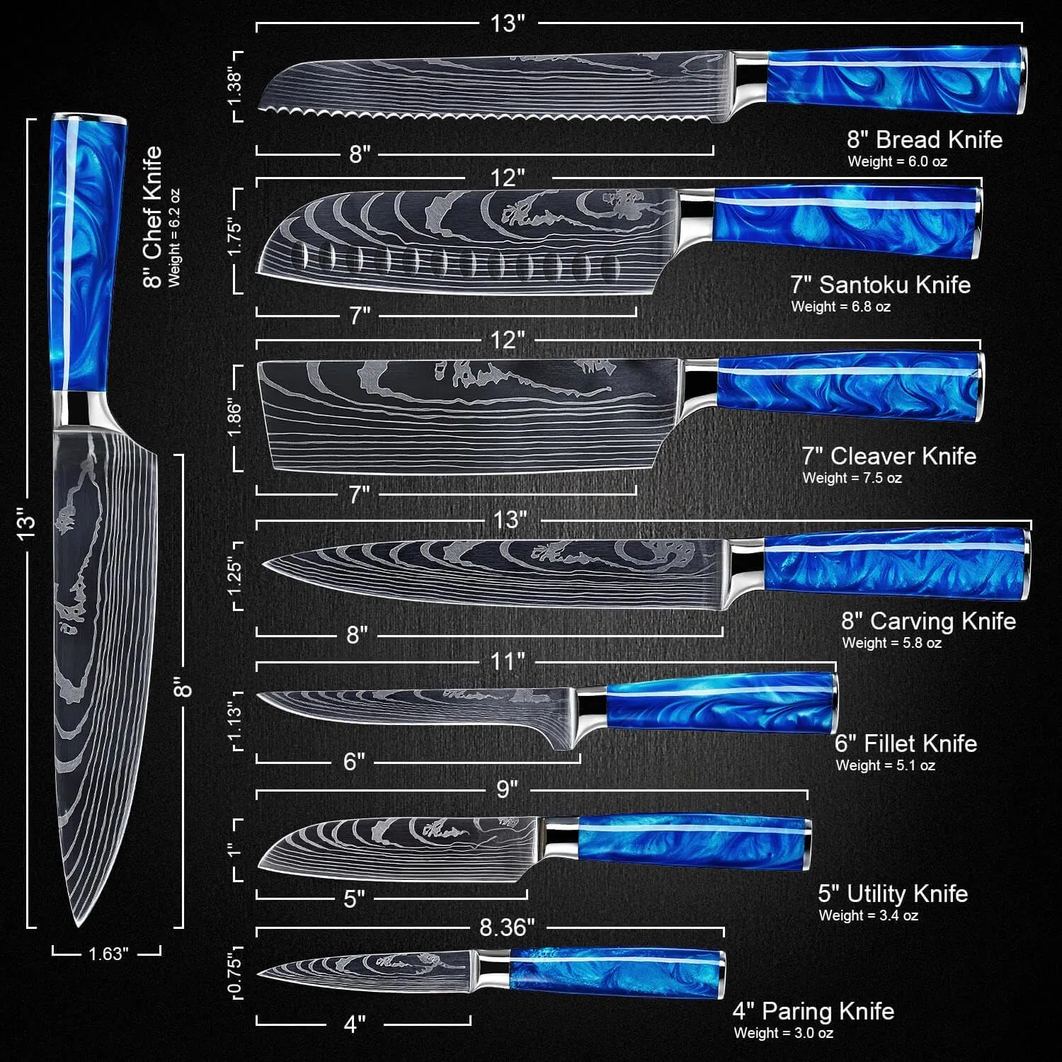 8-Piece Japanese Knife Set - Blue Resin Handle, Laser Damascus Blades - Chef's, Santoku, Bread &amp; Paring Knives