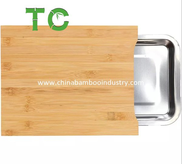 Factory Price Bamboo Cutting Board with Containers Sliding Stainless Steel Tray Chopping Board with Storage Wood Butcher Block Veggie/Cheese Tray