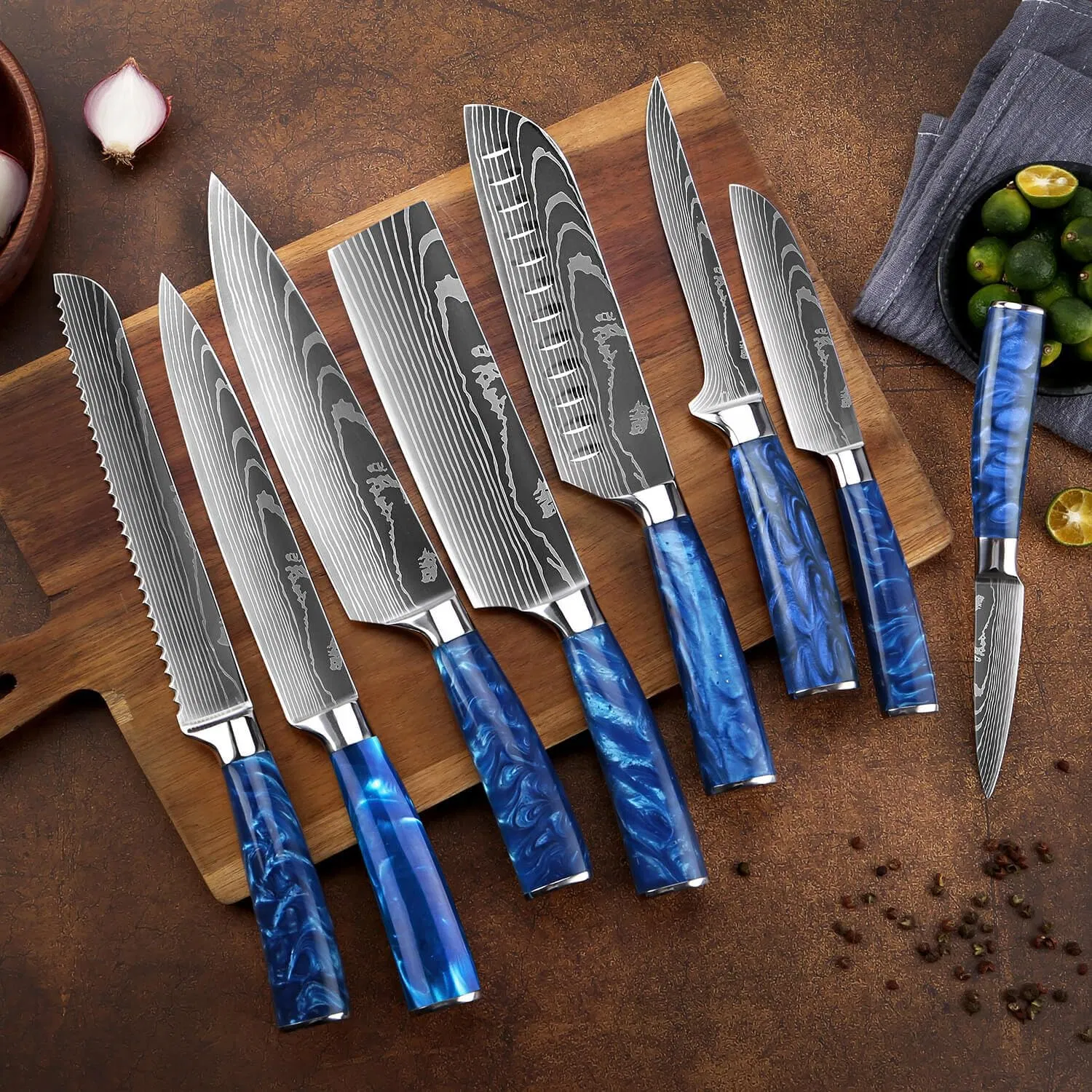 8-Piece Japanese Knife Set - Blue Resin Handle, Laser Damascus Blades - Chef's, Santoku, Bread &amp; Paring Knives