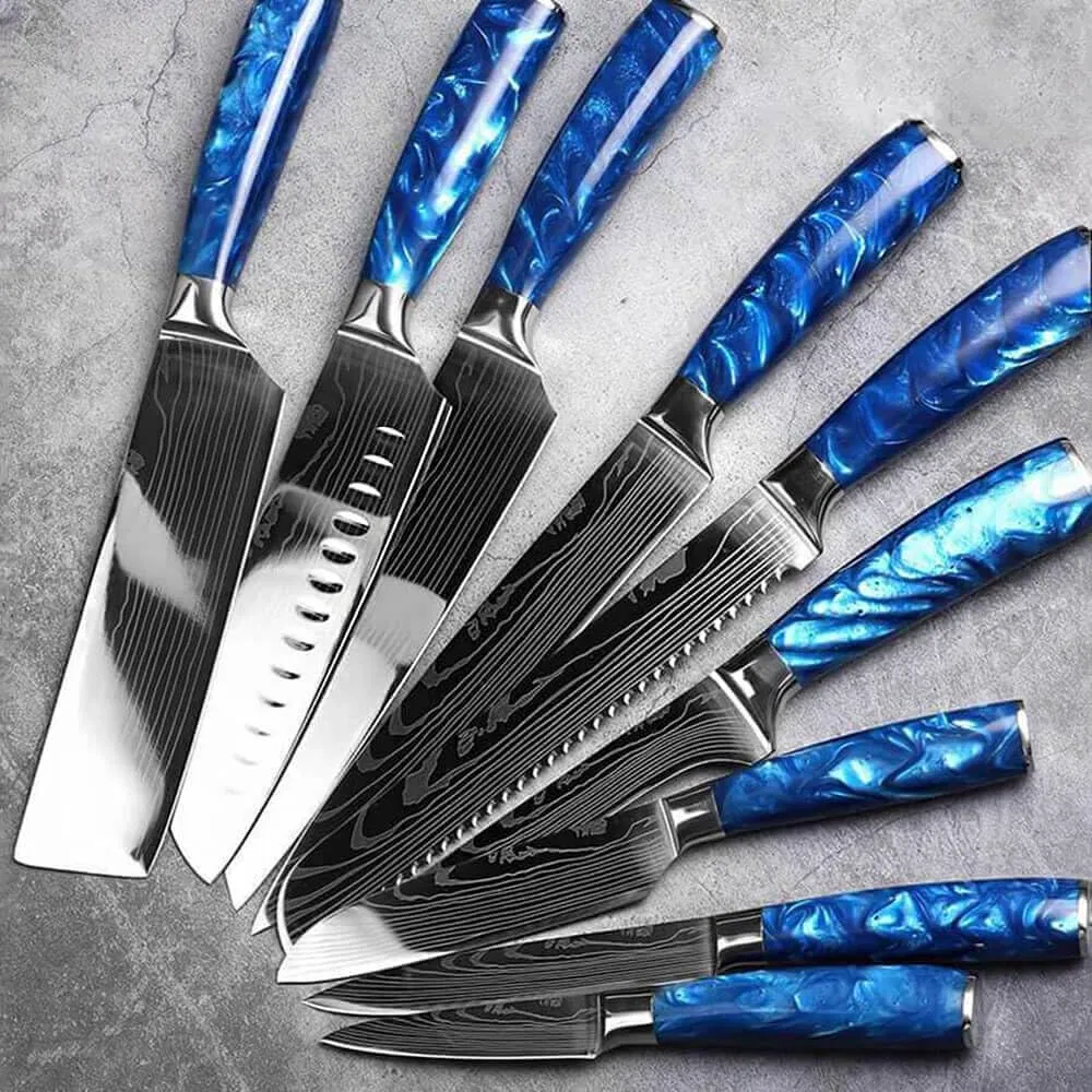 8-Piece Japanese Knife Set - Blue Resin Handle, Laser Damascus Blades - Chef's, Santoku, Bread &amp; Paring Knives