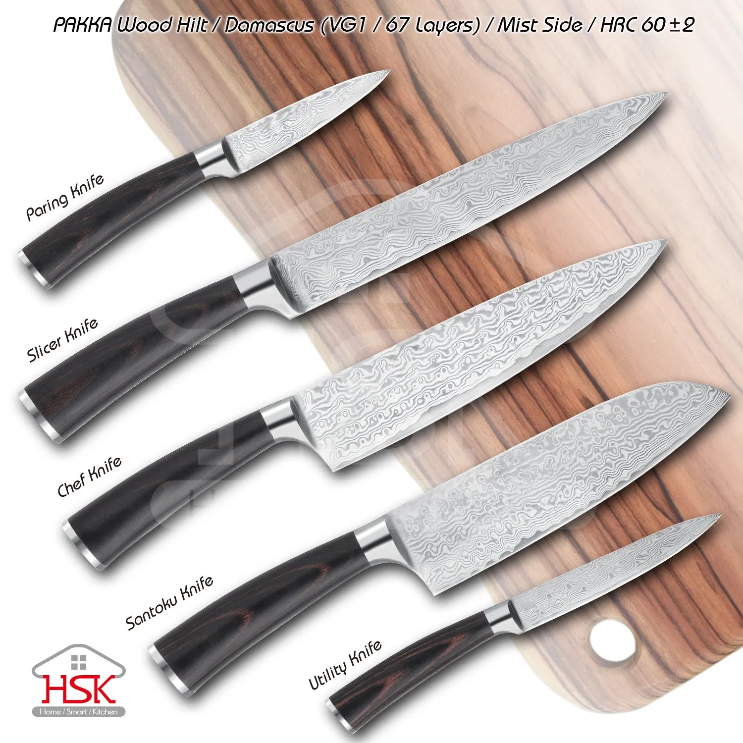 7" Damascus Santoku Knife with Pakka Wood Hilt Cleaver