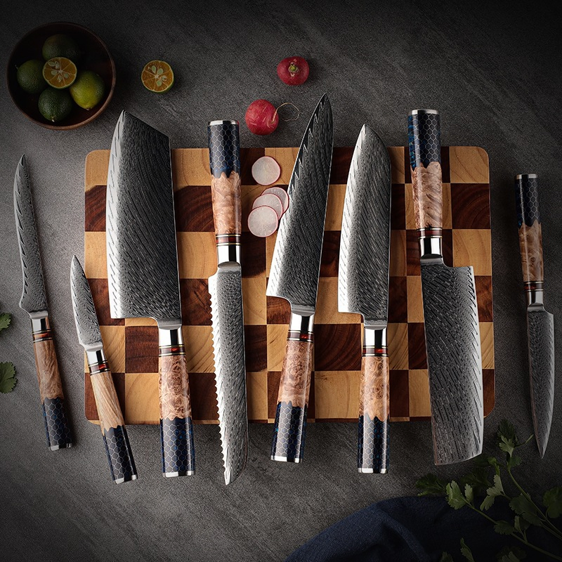 Elegant Blue Resin Damascus Chef's Knife Set for Chefs
